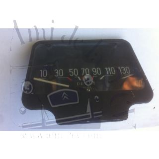 Compteur de vitesse Dyane gradué de 10 à 130 km/h chiffres blancs sur fond noir marque Jaeger
